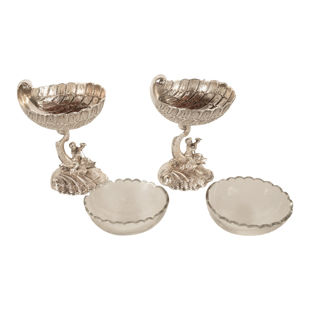 Antique Pair German Silver Master Salts Grotto Shells Putti Dolphins Hannau 1890
