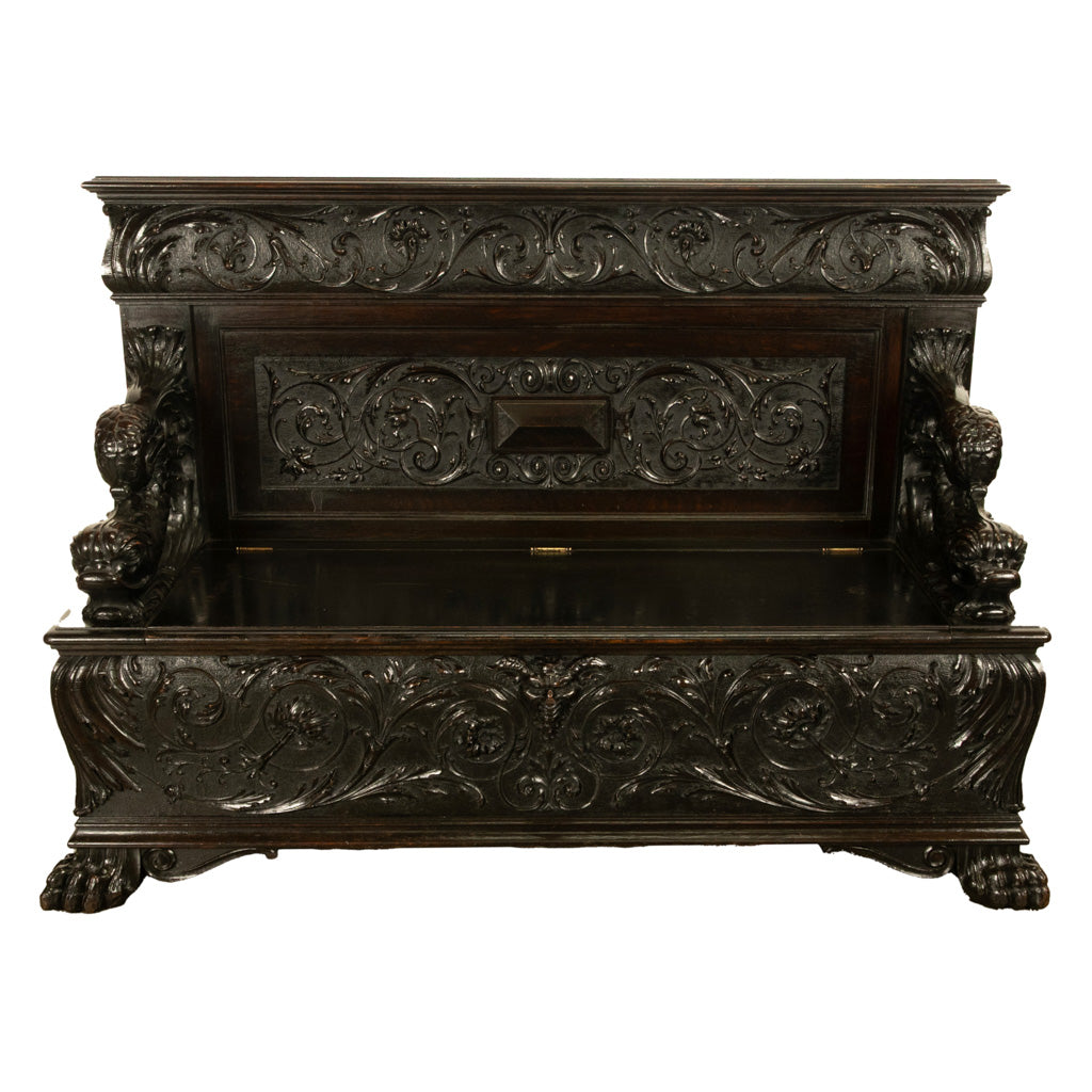 Antique Italian Renaissance Revival Carved Walnut Hall Bench Chest Dolphins 1870