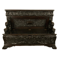 Antique Italian Renaissance Revival Carved Walnut Hall Bench Chest Dolphins 1870