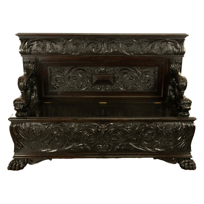 Antique Italian Renaissance Revival Carved Walnut Hall Bench Chest Dolphins 1870