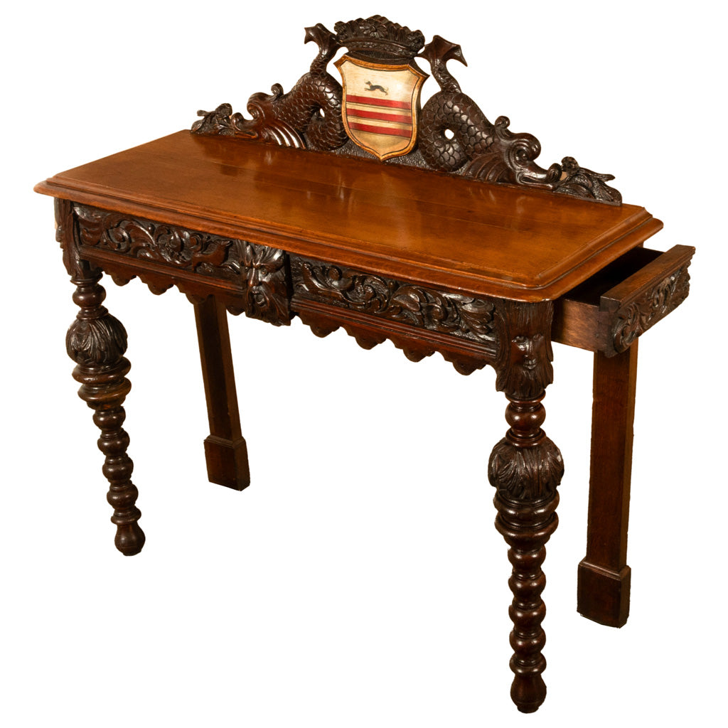 Antique Carved Oak Hall Table Skipworth Family Painted Royal Coat of Arms 1860