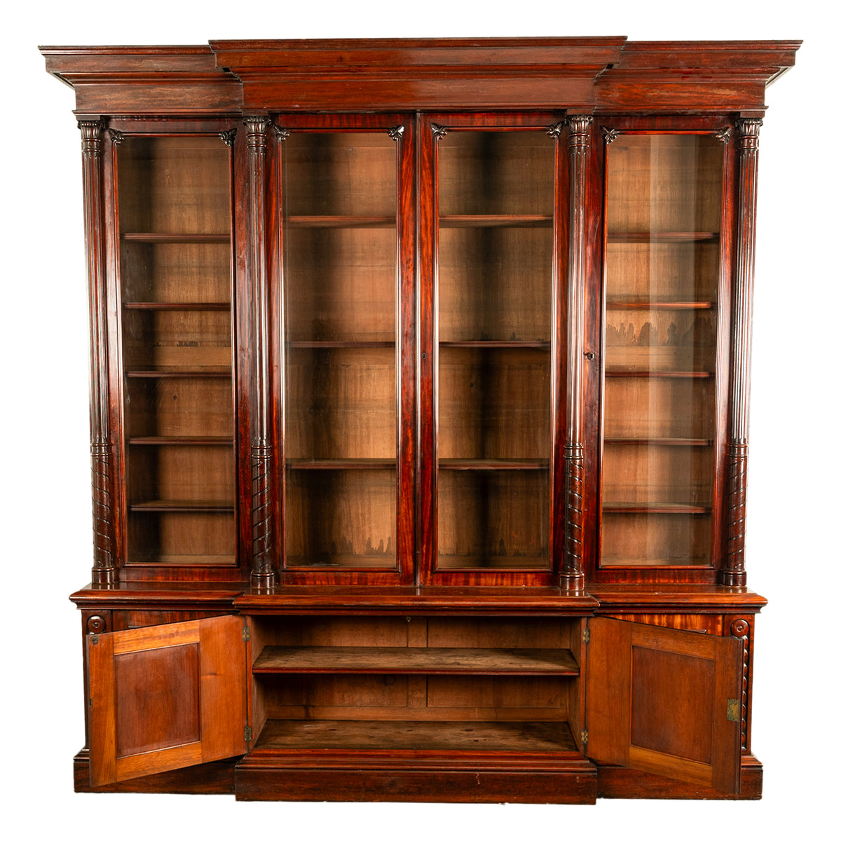 Monumental Antique Irish Carved Mahogany Breakfront Bookcase Bibliotheque 1850