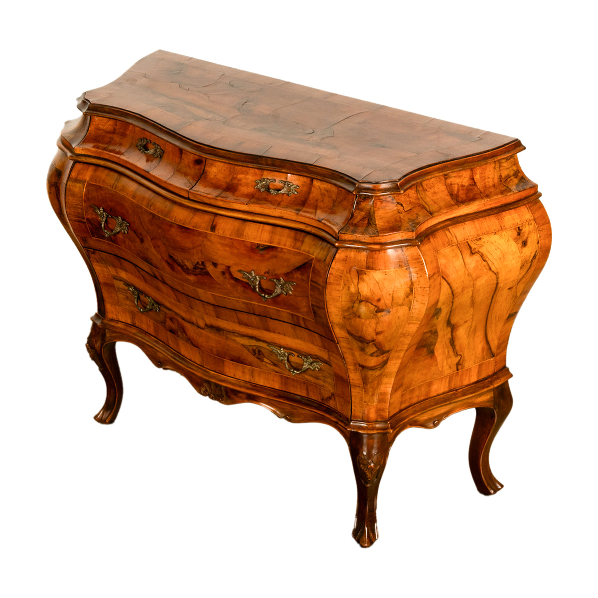 19th Century Italian Antique Inlaid Walnut Bombe Louis XV Venetian Commode 1880