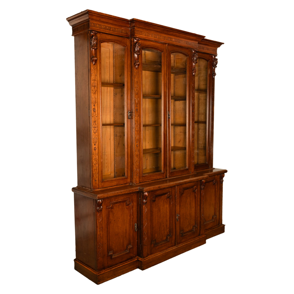 Antique Monumental Irish Carved Oak Breakfront Bookcase Library Bibliotheque circa 1860