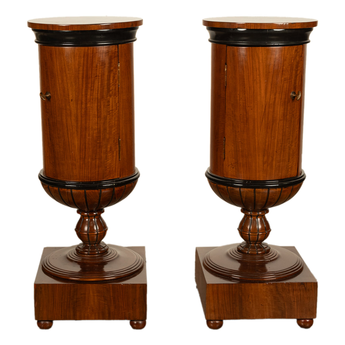 Pair Antique Austrian Walnut Biedermeier Drum Pedestal Cabinets Nightstands 1830