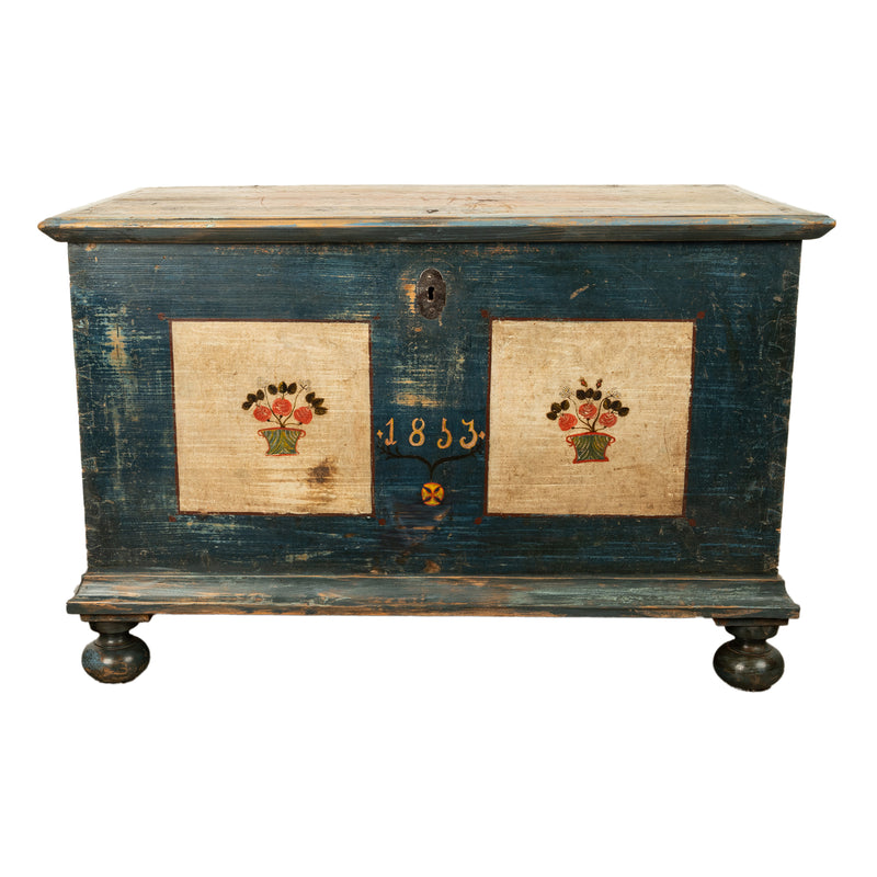 Antique Austrian Folk Art Painted Pine Marriage Blanket Chest Coffer Trunk 1853