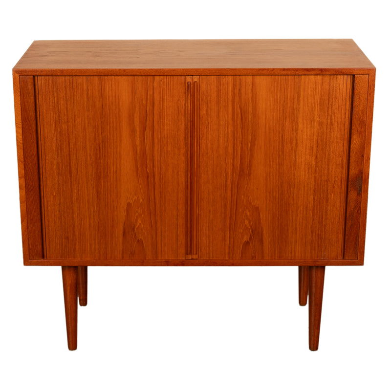 Danish Mid Century Modern Tambor Roll Front Teak Credenza Cabinet Kai Kristiansen Feldballes Møbelfabrik 1960