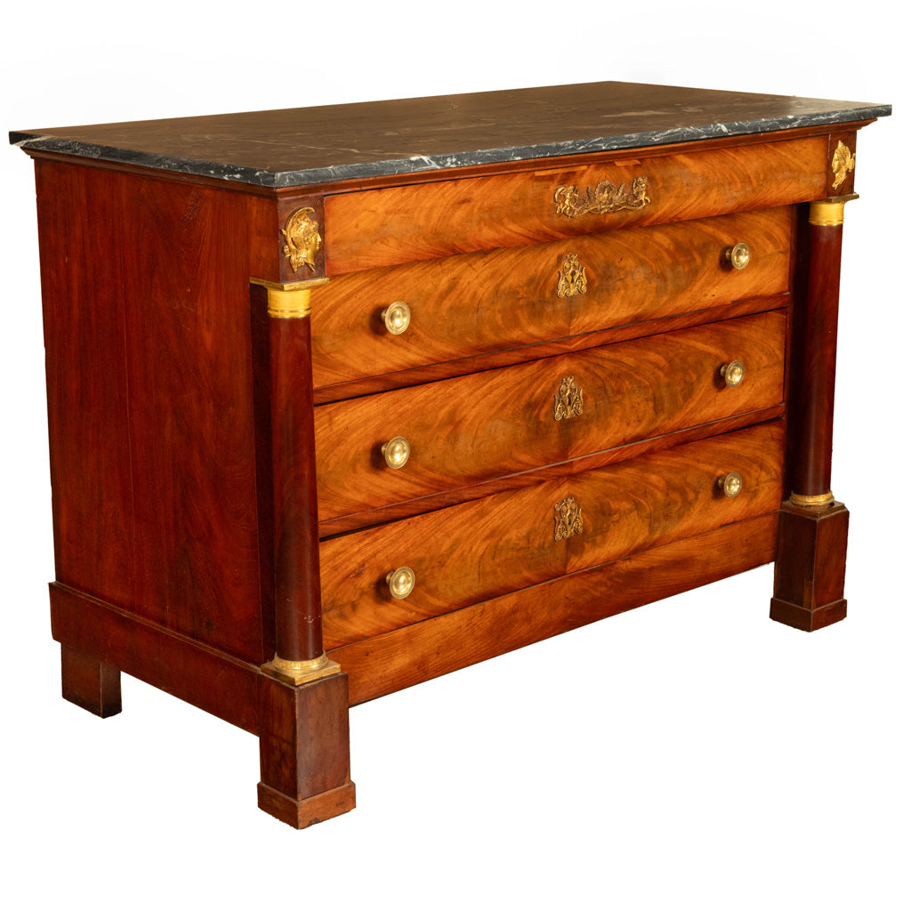 Antique French Empire Mahogany Marble Top Ormolu Commode Chest of Drawers 1810