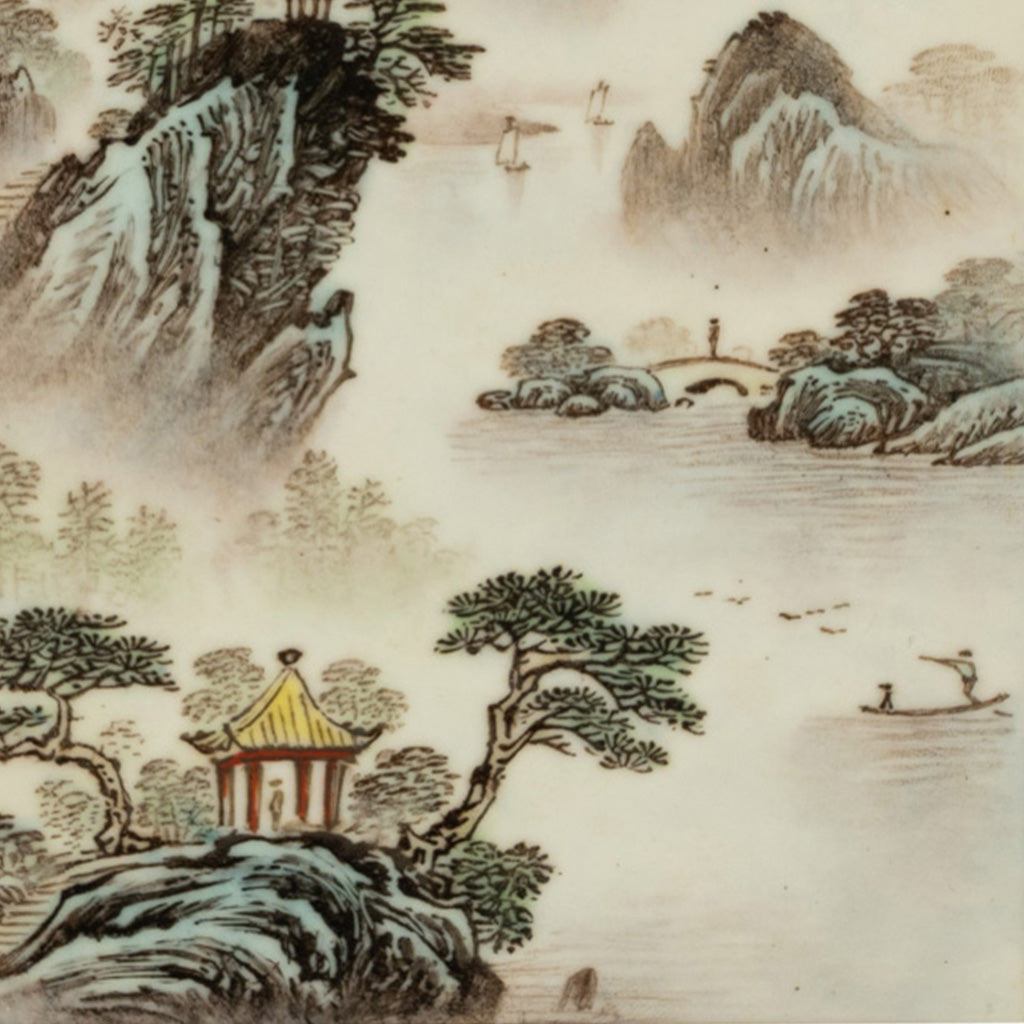 Pair Antique Chinese Republic Period Hand Painted Porcelain Hongmu Plaques 1920