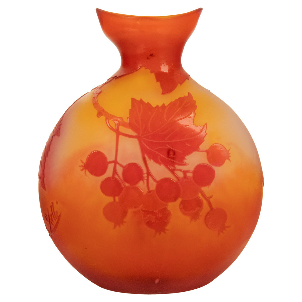 Antique French Art Nouveau Cameo Art Glass Emile Galle Vase Leaves Berries 1900