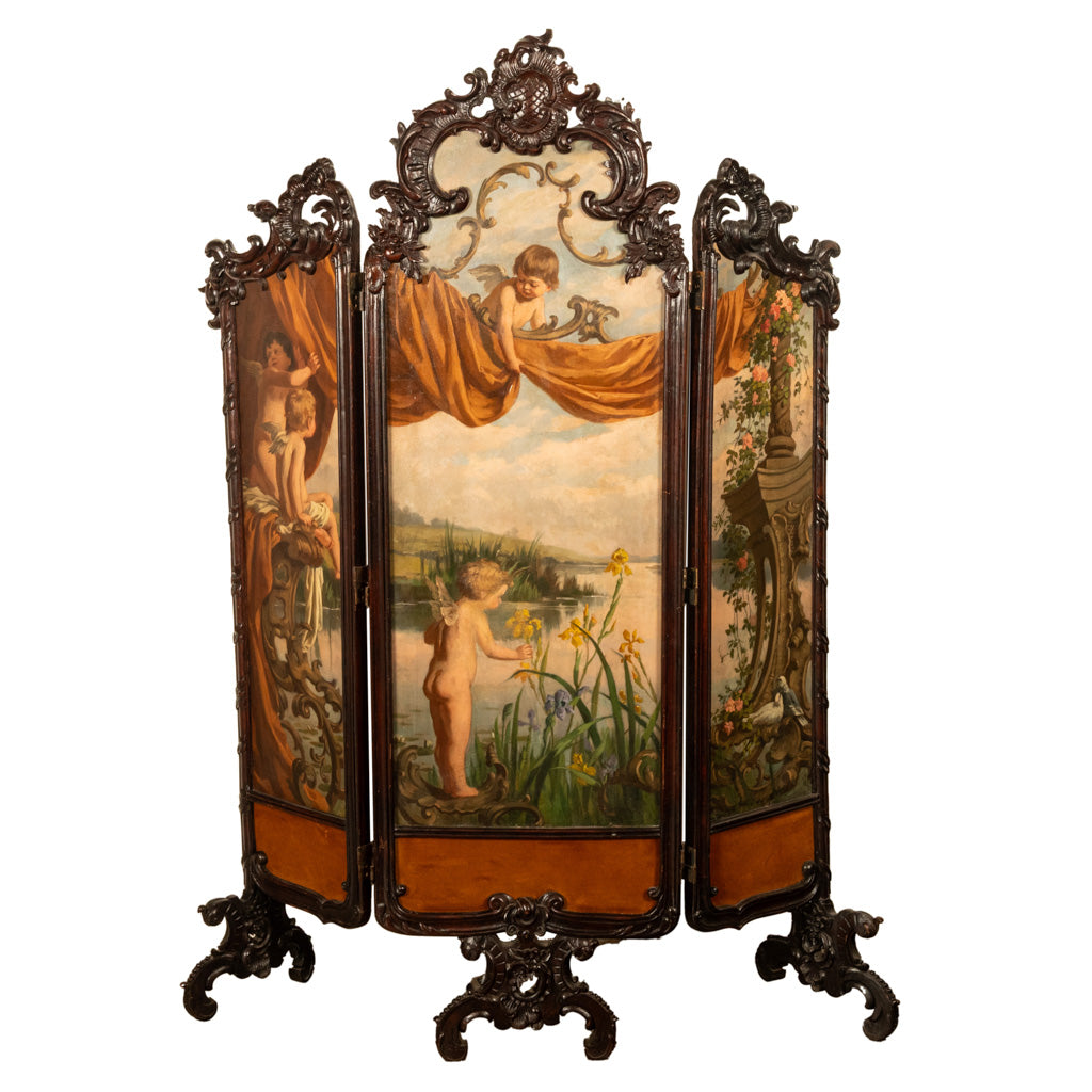 Antique French Rococo Oil Canvas Walnut Painting Landscape Cherubs Screen 1870