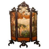 Antique French Rococo Oil Canvas Walnut Painting Landscape Cherubs Screen 1870