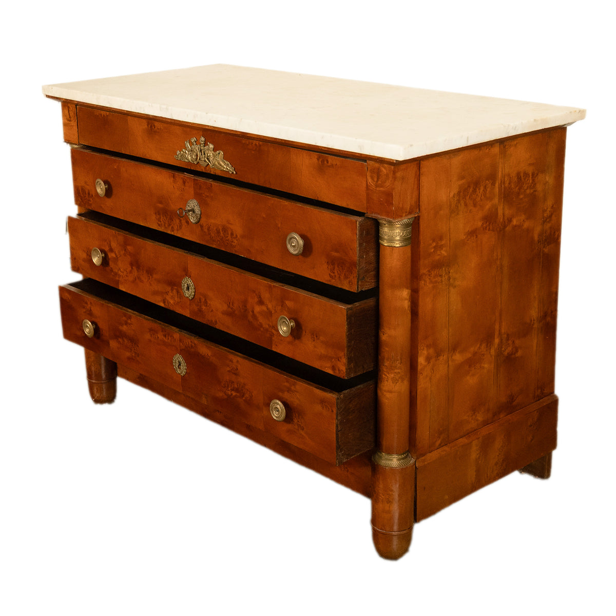 Antique 19th Century French Empire Burl Walnut Marble Ormolu Chest Drawers Commode 1810