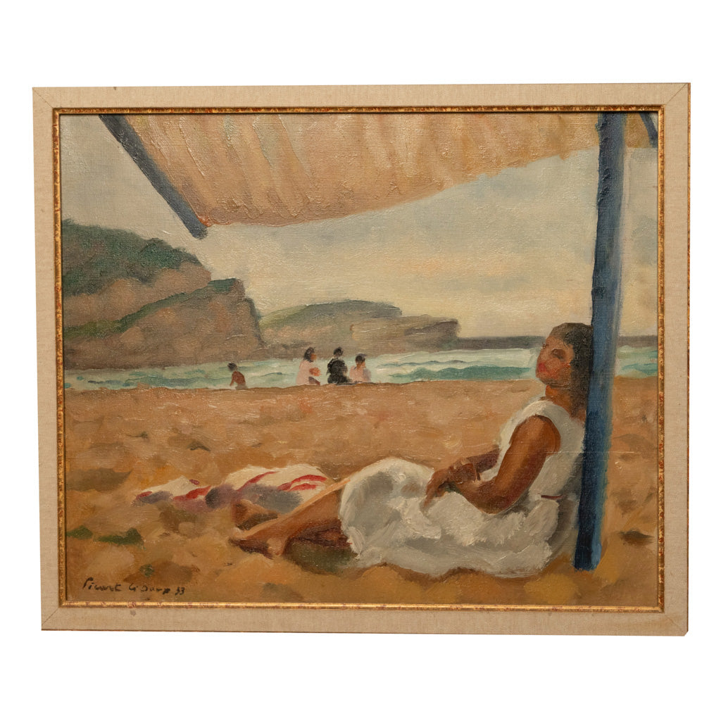 French Oil on Canvas Post Impressionist Portrait Painting Beach Sea Scene Spain by Charles Picart le Doux, 1933