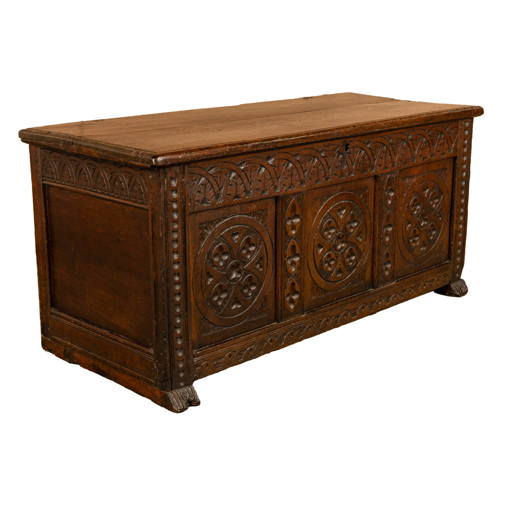 Antique English 17th Century William III Carved Oak Coffer Chest Candle Box 1690