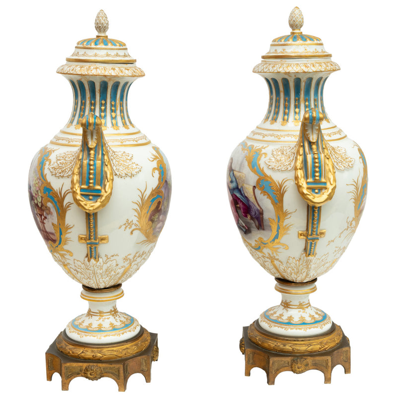 Pair Antique French Sevres Handpainted Gilded Ormolu Porcelain Urns signed 1890