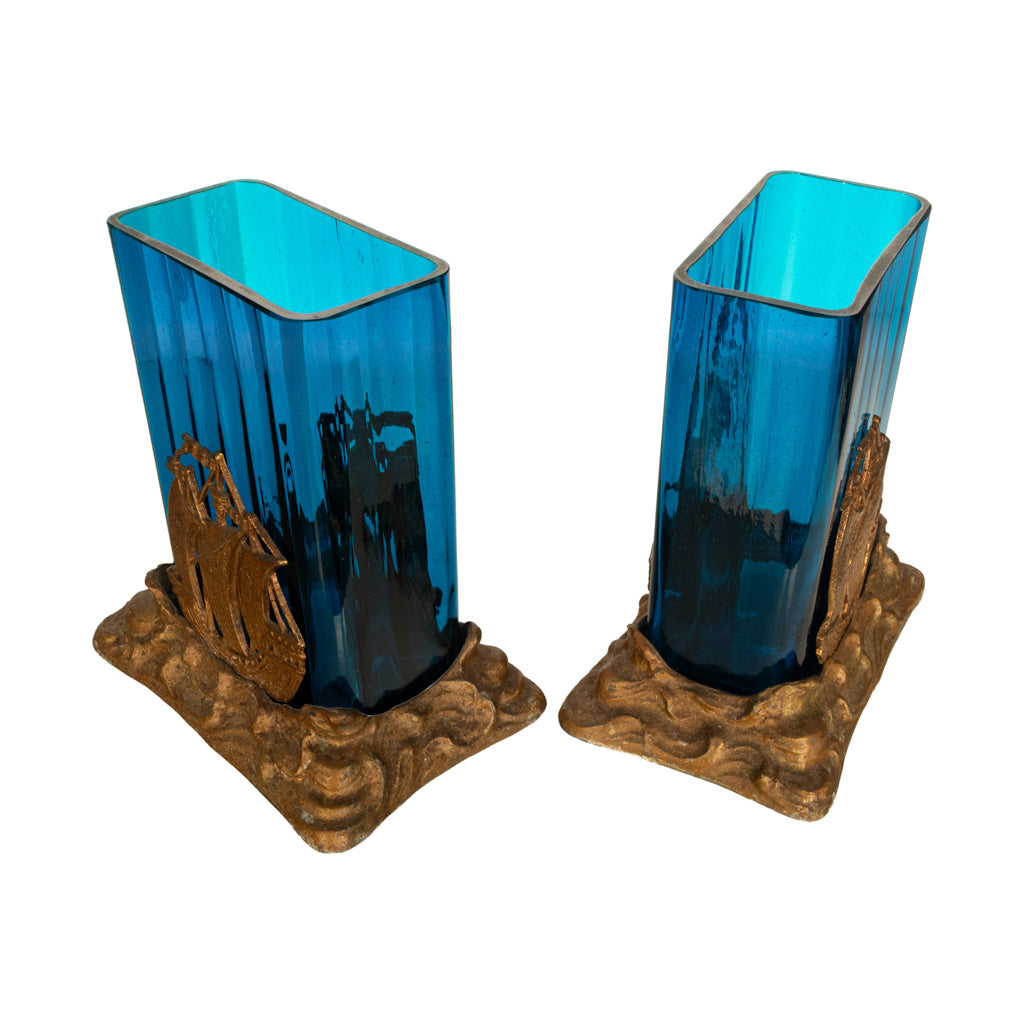 Antique American Art Deco Brass Glass Vases Ship Bookends Bradley & Hubbard 1925
