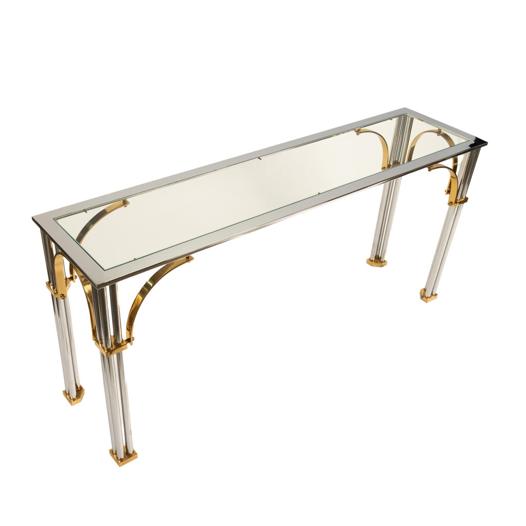 Mid Century Modern Chrome & Brass Glass Console Sofa Table by John Vesey 1960s