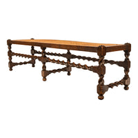 Antique English Jacobean Carved Walnut Barley Twist Caned Long Bench Seat 1880