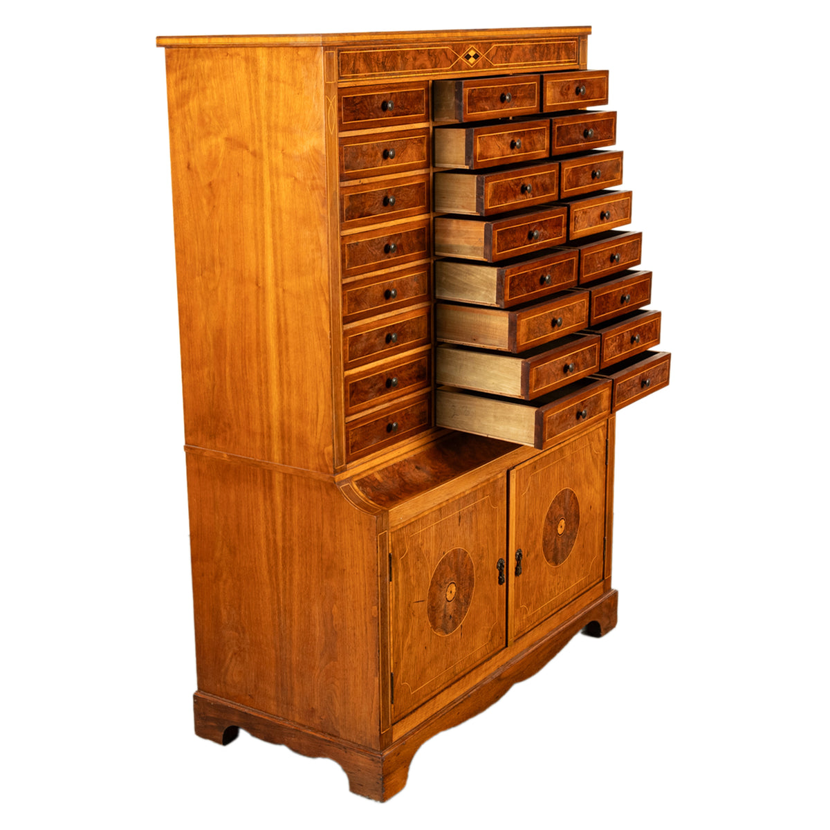 Antique Art Deco Inlaid Marquetry Burl Walnut 24 Drawer Filing Collectors Cabinet Circa 1920