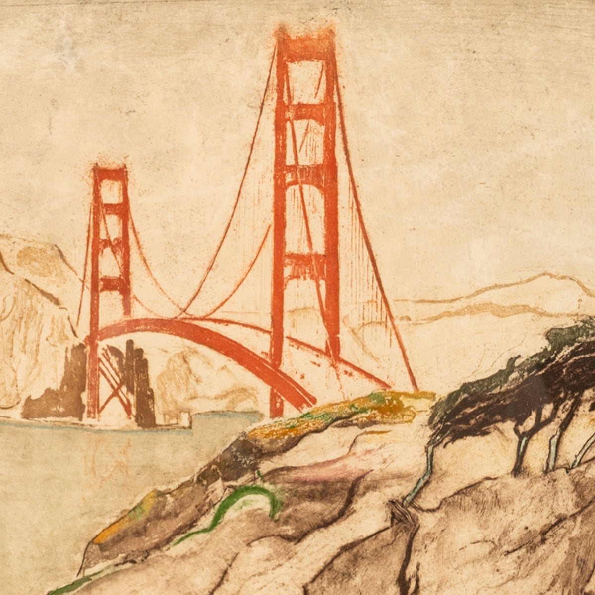 San Francisco Colored Etching Aquatint Golden Gate Bridge by Max Pollak Signed 1944