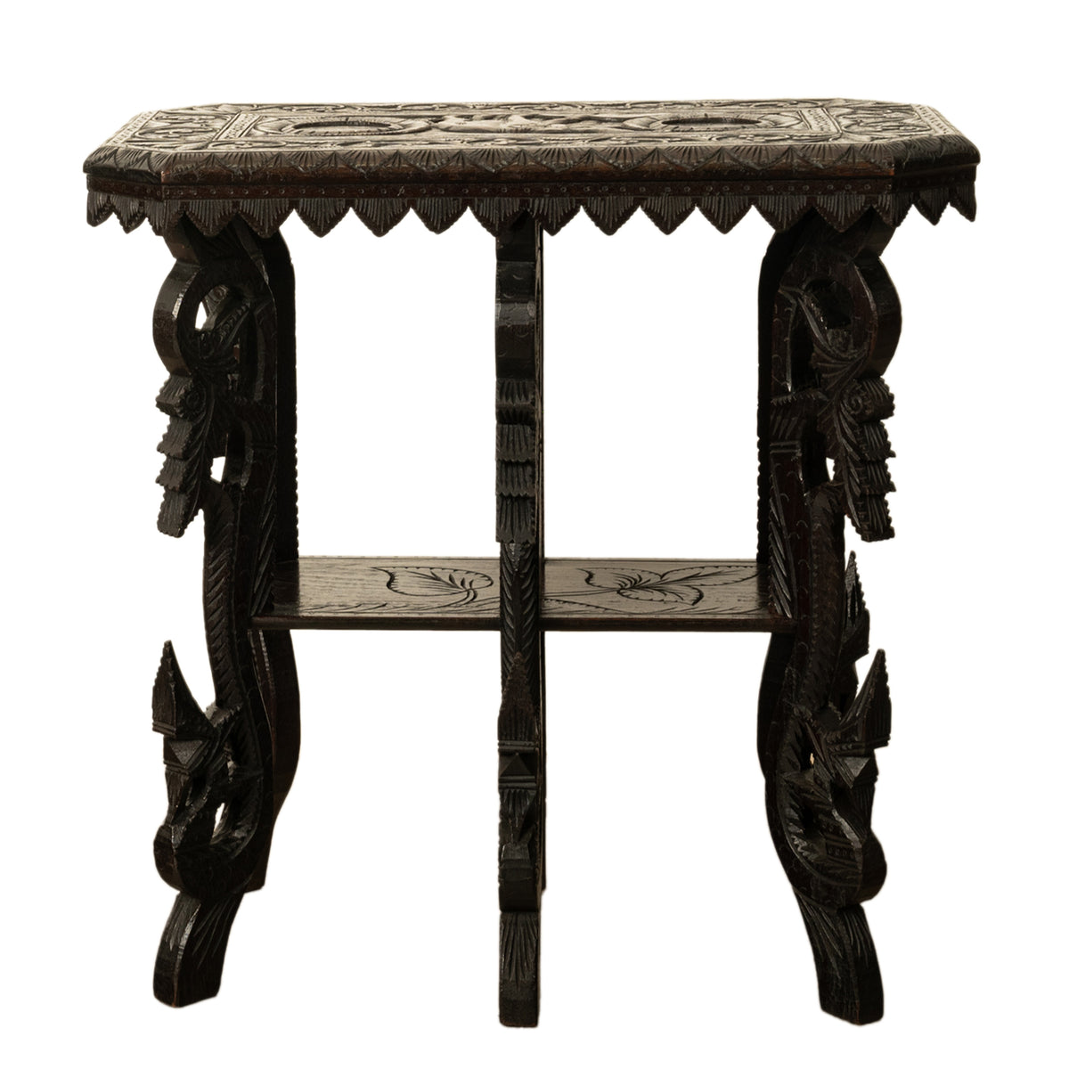 Antique Carved Anglo Indian Teak Wood Elephant Twin Tier Lamp Side Table 1900