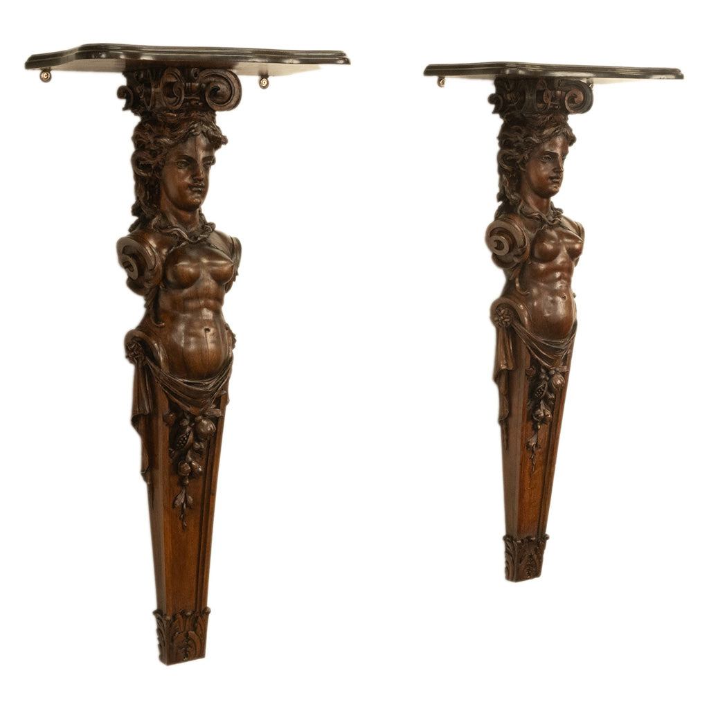 Antique 19thC Italian Carved Walnut Renaissance Revival Pair Caryatid Brackets, Circa 1850