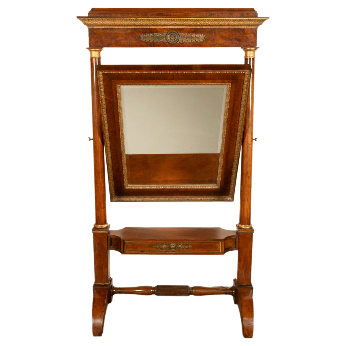 Fine Antique French Gilded Mahogany Ormolu Napoleonic Empire Cheval Mirror 1815