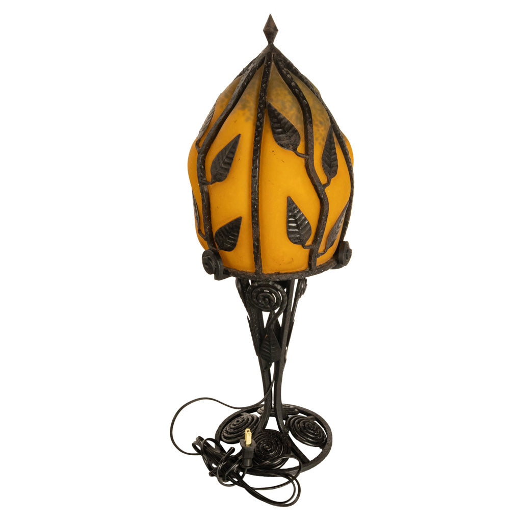 Large Antique French Art Deco Daum Glass & Edgar Brandt Iron Table Lamp 1920s