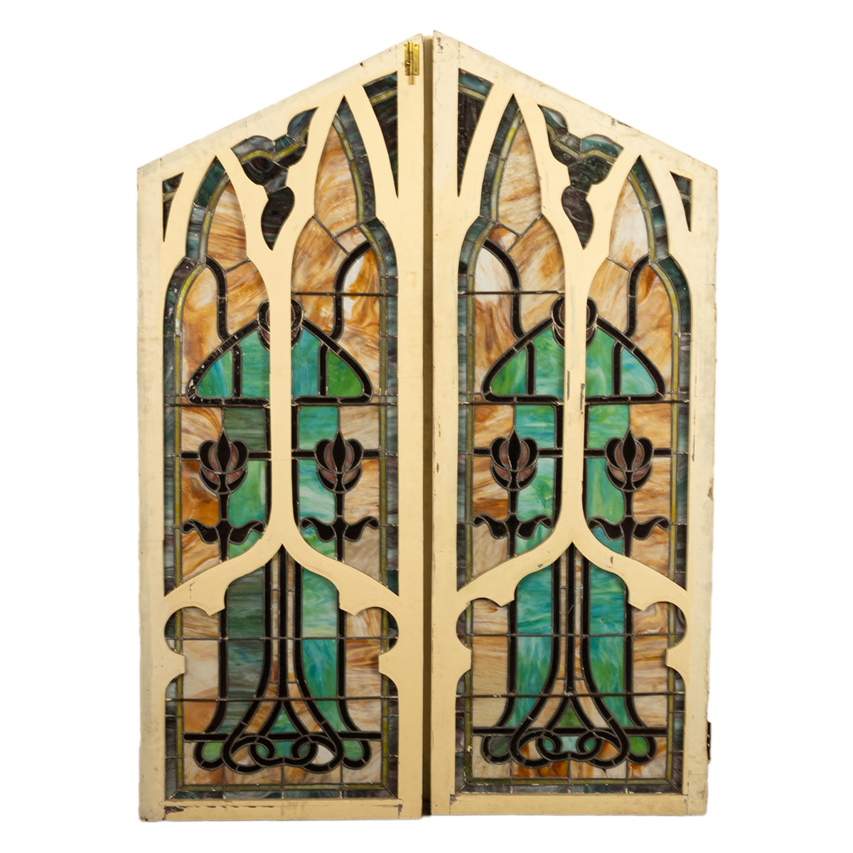 Pair Antique American Stained Glass Gothic Art Nouveau Doors Windows Povey Bros Circa 1900