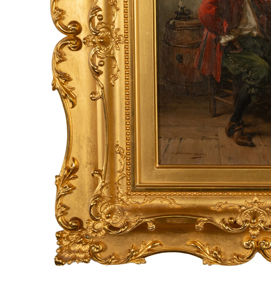 Antique German Genre Oil Painting Portrait Cavalier Drinking Wine by Albert Friedrich Schroder, 1899