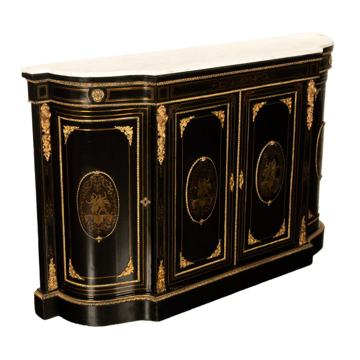 19th Century French Napoleon III Ormolu & Marble Ebonized Cabinet Sideboard 1860