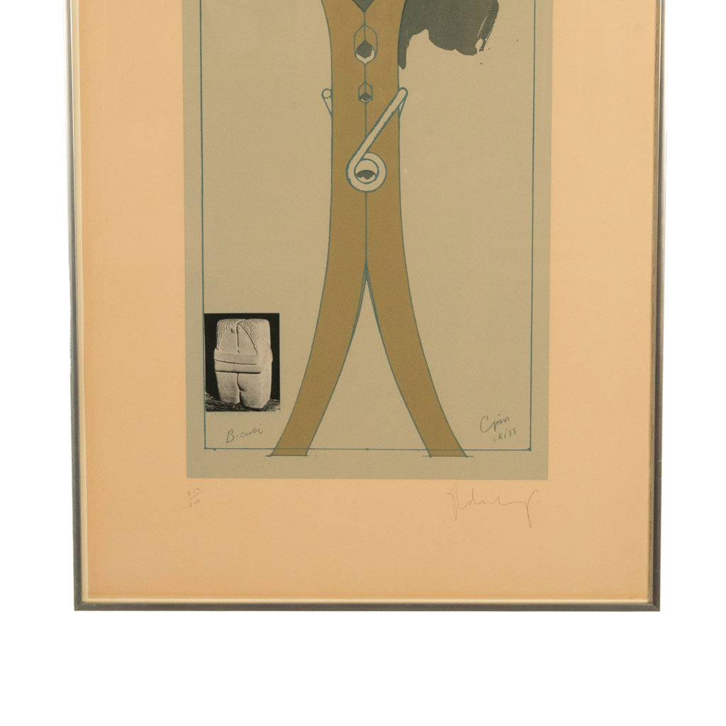 Pop Art Silk Screen Print and Collage "Clothespin Brancusi's Kiss" Philadelphia by Claes Oldenburg, 1972