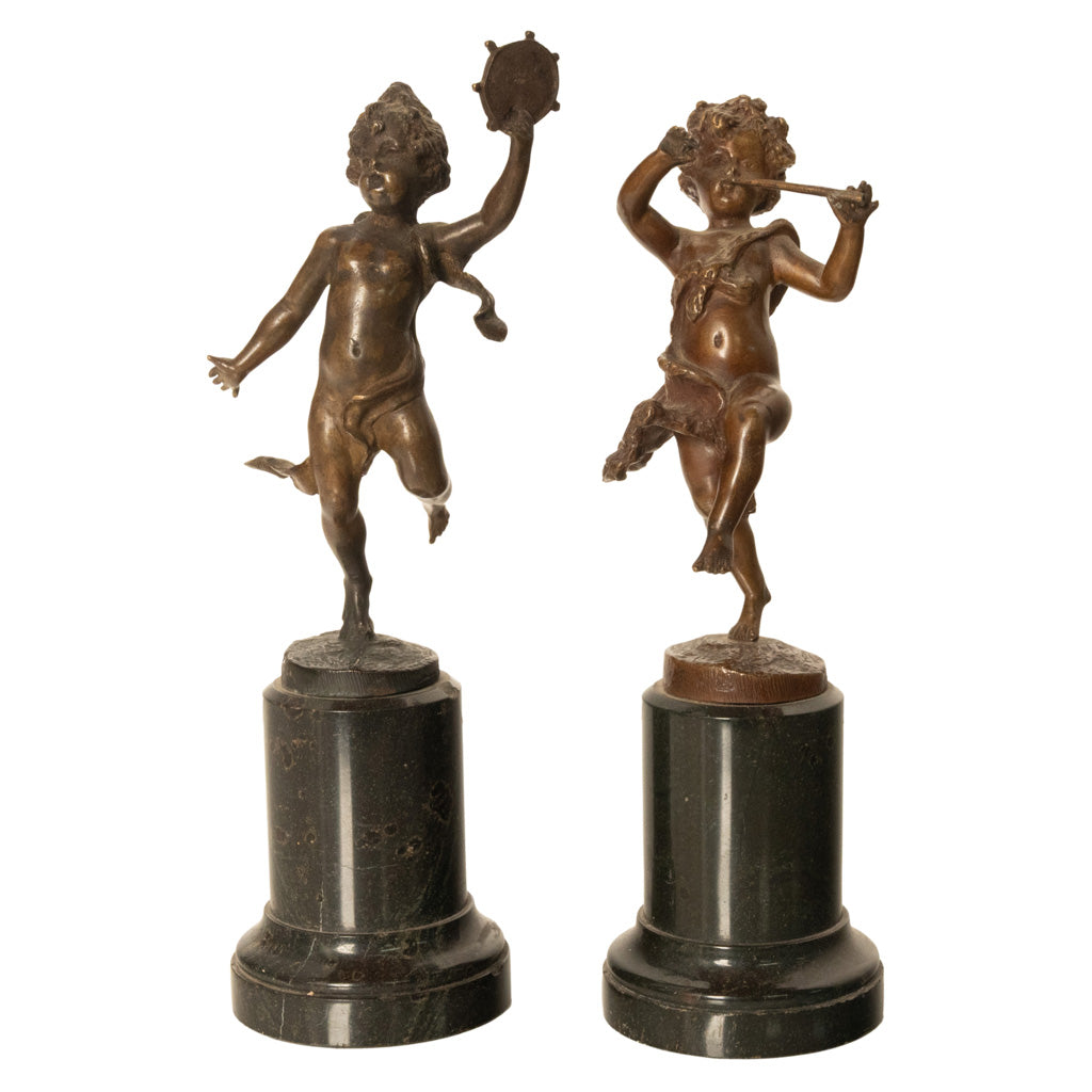 Pair Antique French Bronze Marble Putti Dancing Musicians Statues Sculpture 1860