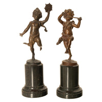 Pair Antique French Bronze Marble Putti Dancing Musicians Statues Sculpture 1860