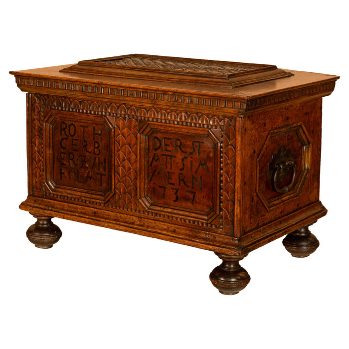 Antique Carved Walnut & Iron Coffer Chest Strong Guild Box Simmern Germany 1737
