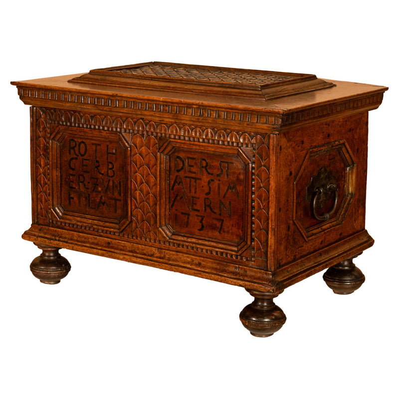Antique Carved Walnut & Iron Coffer Chest Strong Guild Box Simmern Germany 1737