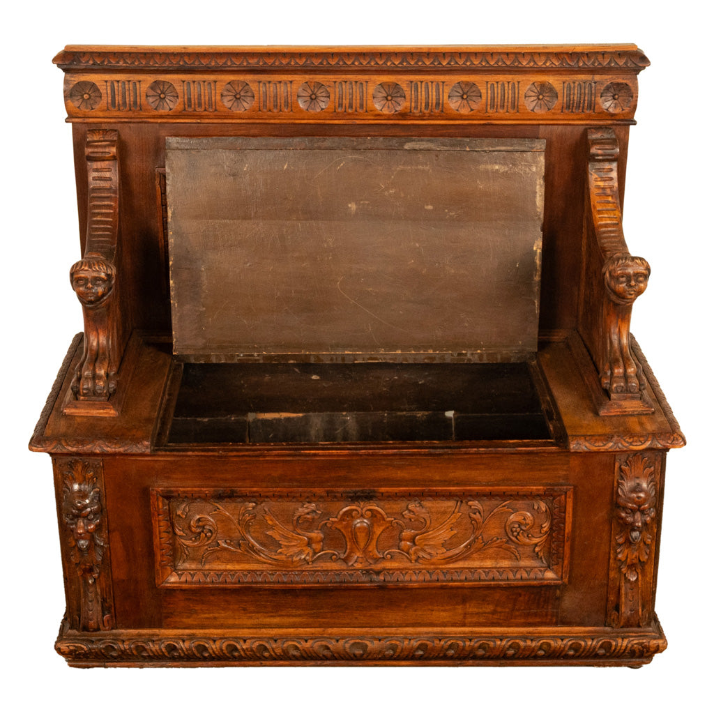 Antique 19th Century Italian Renaissance Revival Carved Walnut Bench Settle 1880