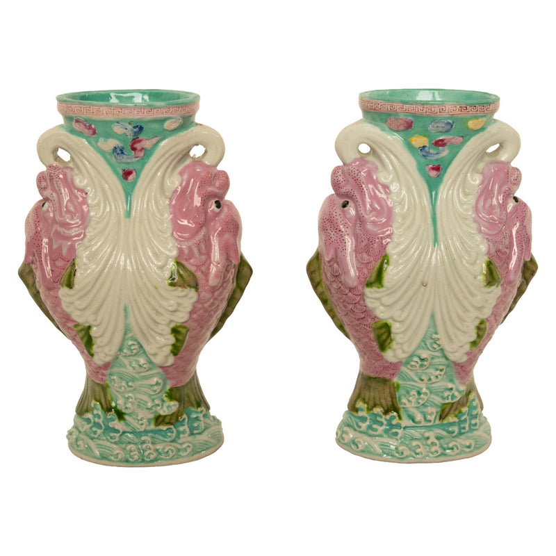 Pair Antique Chinese Qing Dynasty Wucai Glaze Porcelain Double Dragon Fish Vases, 1890