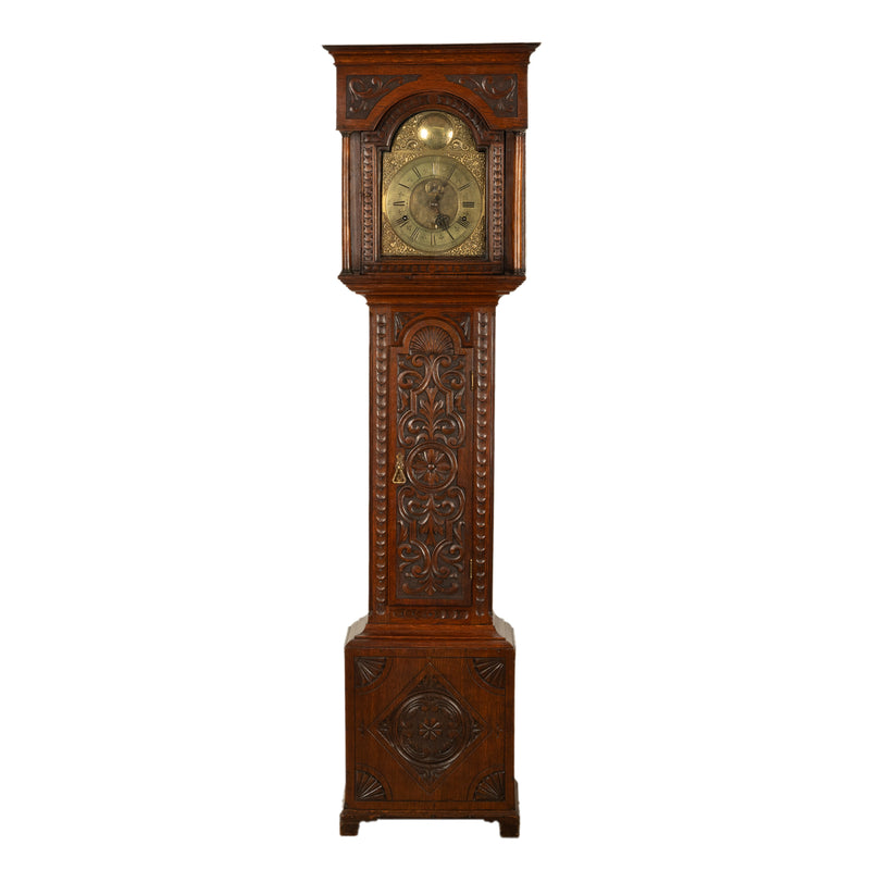 Antique Georgian Tall Case 8 Day Grandfather Calendar Clock Carved Oak Case 1780