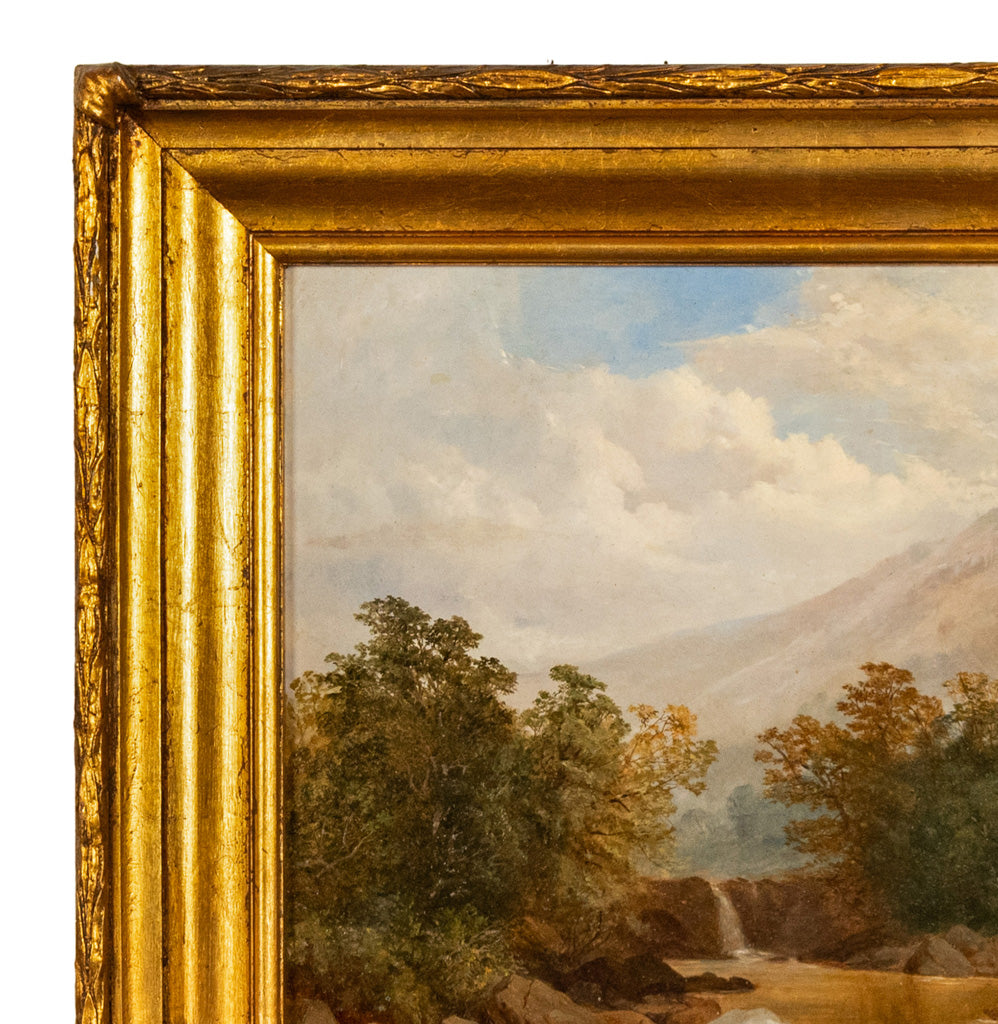 Large Antique English 19thC Oil Painting River Lyn Landscape Barnstaple Devon by Albert Lane, 1860