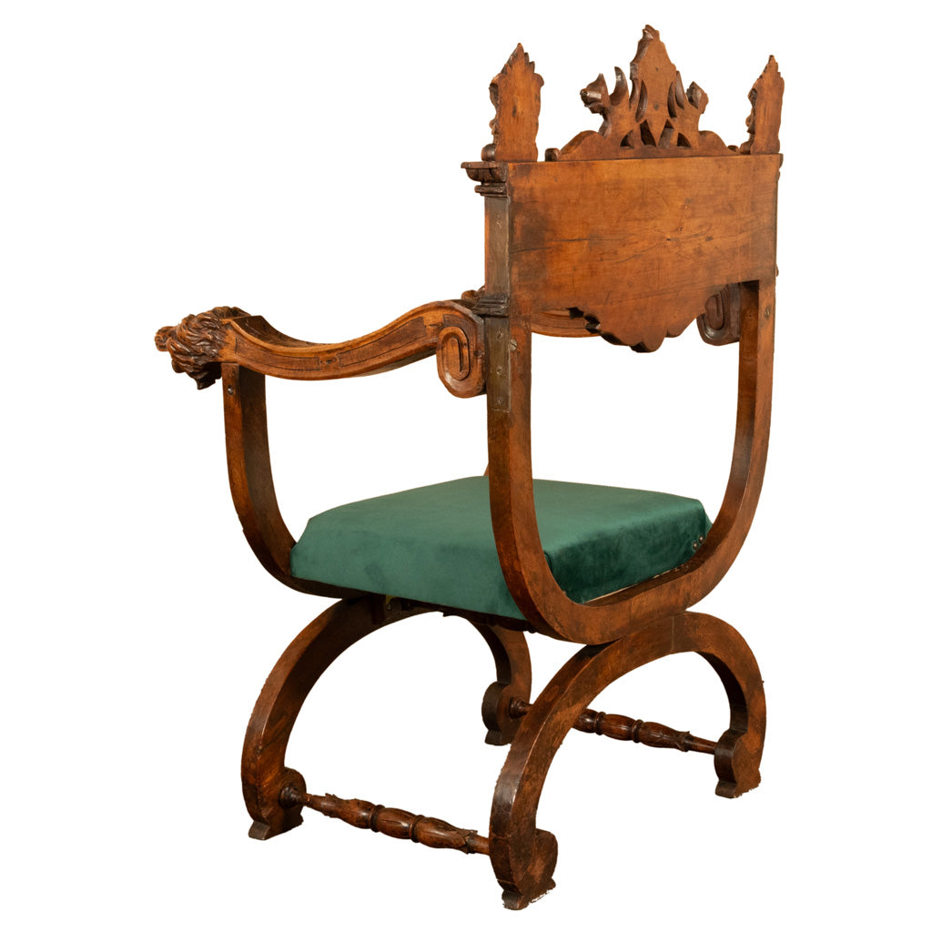 Antique Renaissance Revival Carved Walnut Green Man Savonarola Chair Circa 1890