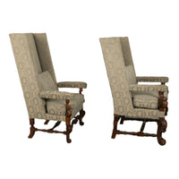 Pair 17th Century Style Carolean Carved Walnut Throne Wing Back Armchairs 1860