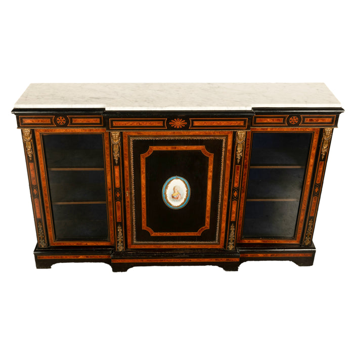 Antique French Napoleon III Ebony Ormolu Marble Sevres Porcelain Credenza 1860