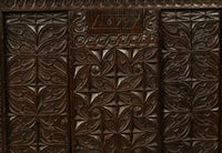 Antique French Medieval Gothic Carved Oak Chest Coffer 17th Century Panels 1679