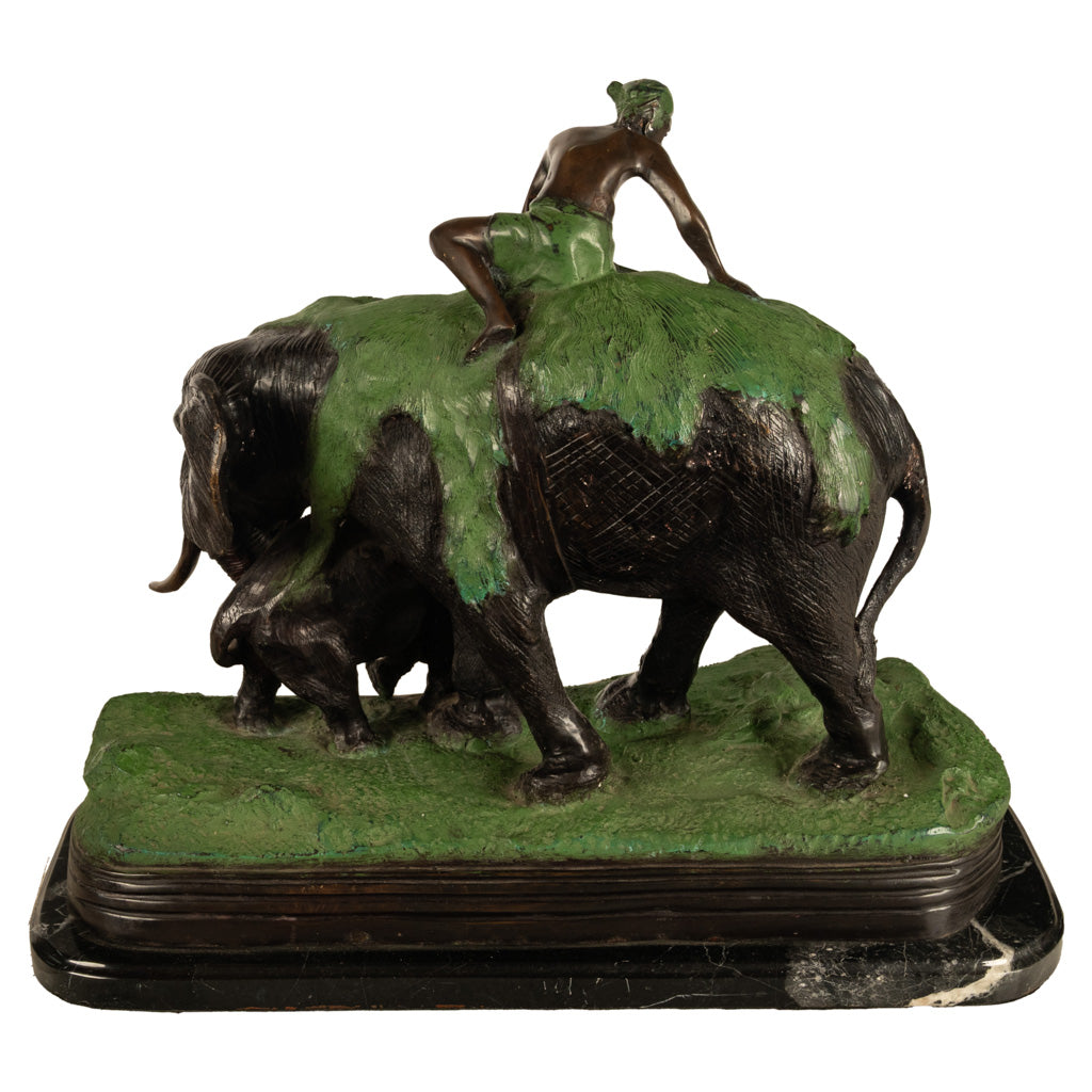 Antique Cast Bronze Elephant Hunt Scene with Lion Antonio Amorgasti Belgium 1925