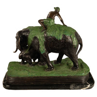 Antique Cast Bronze Elephant Hunt Scene with Lion Antonio Amorgasti Belgium 1925