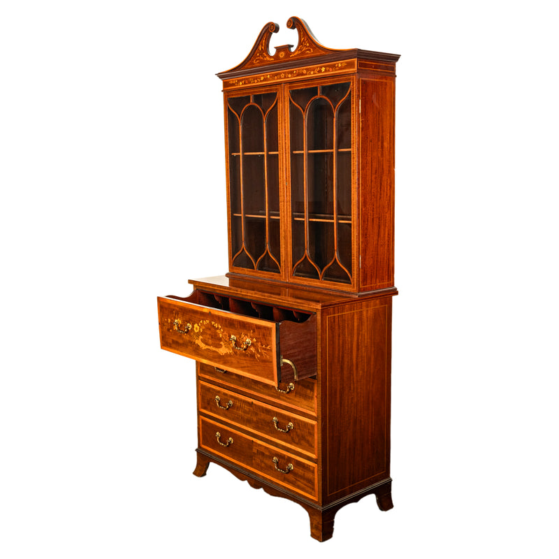 Antique Georgian Sheraton Marquetry Mahogany Bureau Bookcase Butler's Secretary Circa 1810