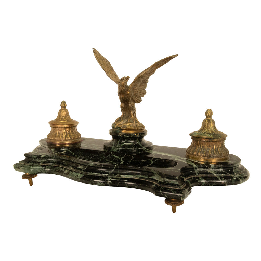 Antique 19thC French Empire Gilt Bronze Marble Eagle Desk Set Twin Inkwell 1880