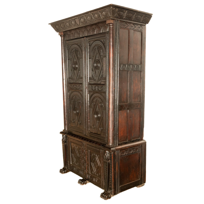 Antique Elizabethan Carved Oak Revival Livery Housekeepers Cupboard Cabinet 1860